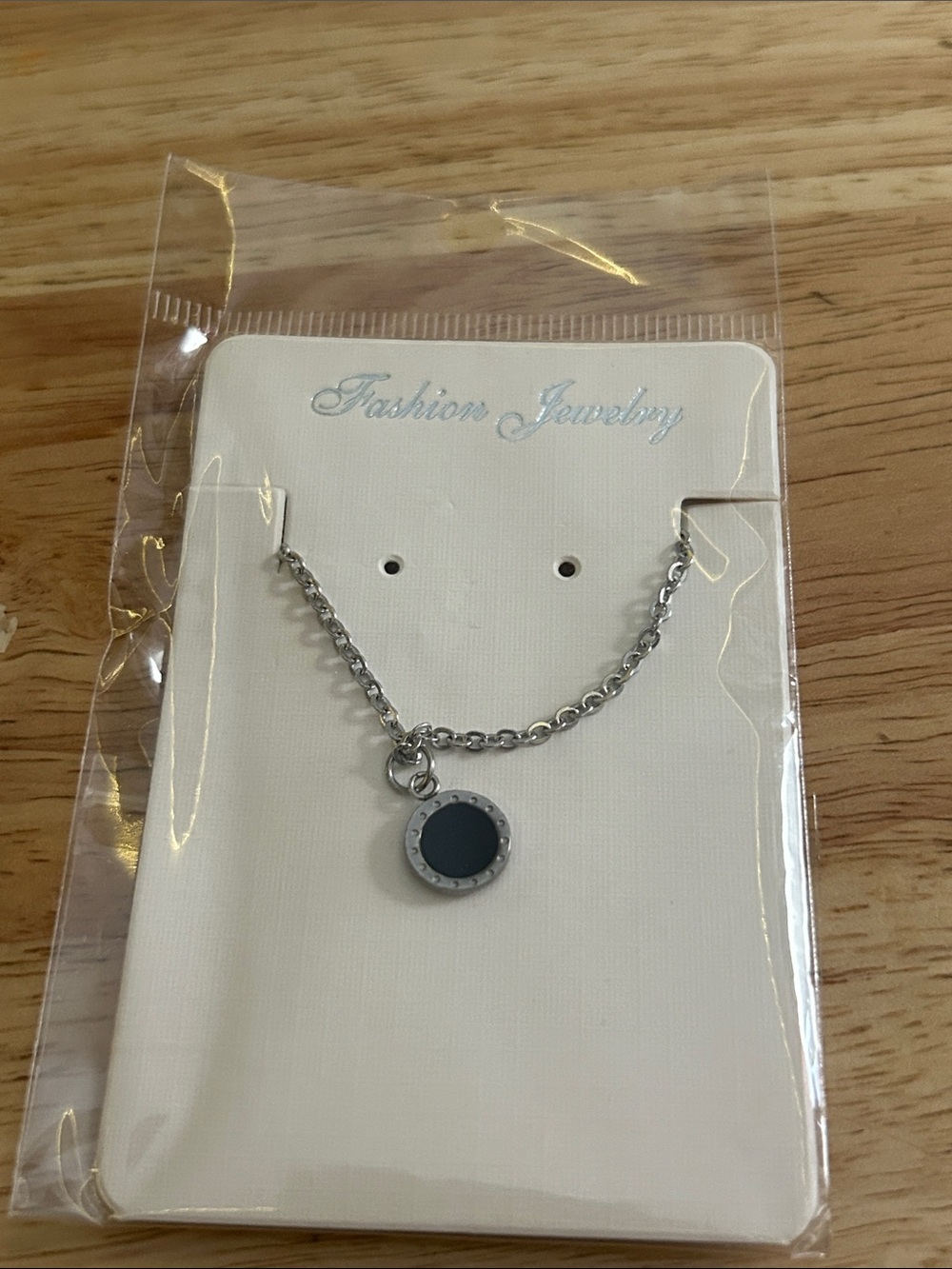 Fashion Jewelry Silver-Tone Chain Necklace with Black Round Pendant